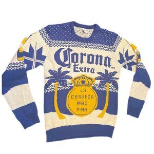 Corona Extra Beer Palm Trees Sweater Mens Sz M Logo Ugly Christmas Blue White